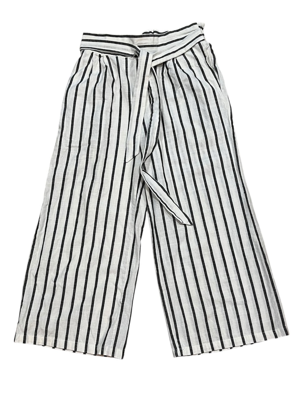 White Black Striped Paperbag Pants Cotton Wide Leg Lightweight Ankle Length